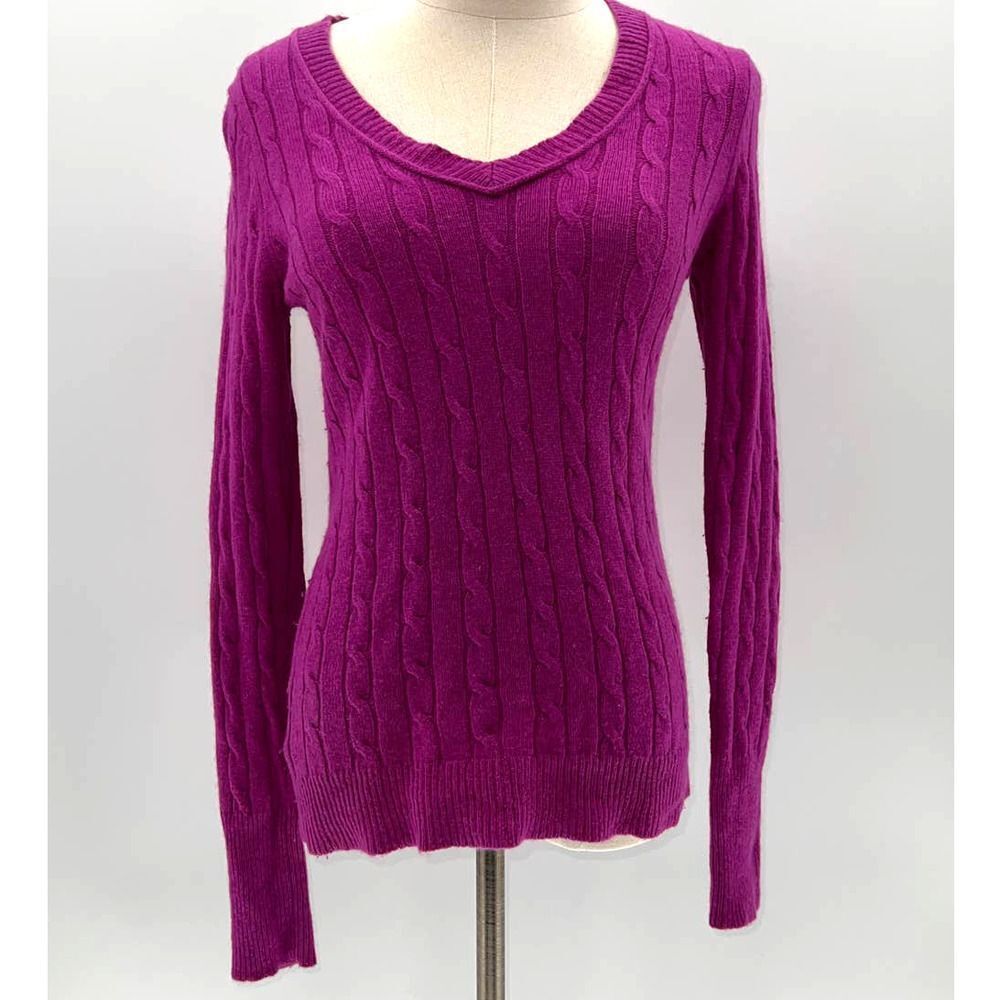 Anne Taylor LOFT Magenta Cable Knit Wool/Rabbit Hair V-Neck Sweater- XS